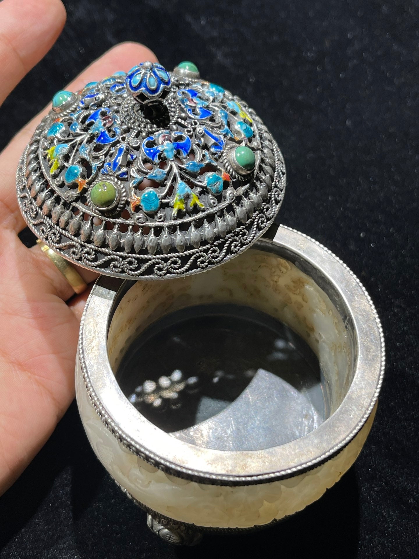 A0840 Vintage Pure Silver Inlay Hetian Jade Flowers Incense Burner