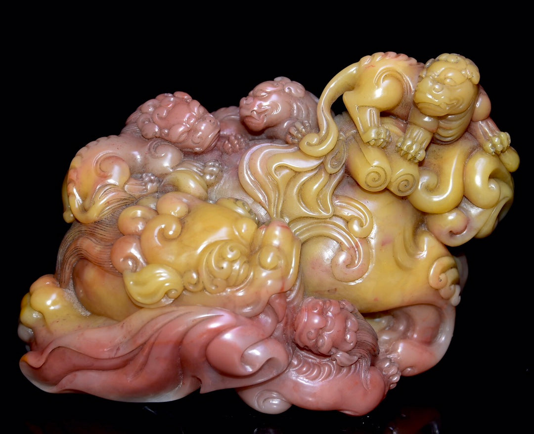 A0842 Vintage Chinese Shoushan Stone Carved Fortune Lion Statue