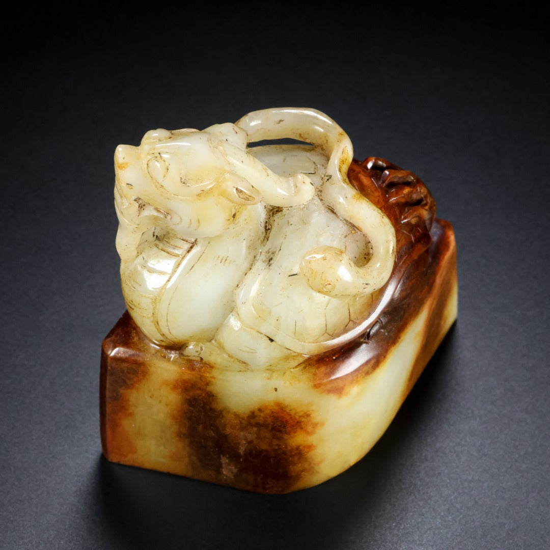 A0845 Superb Old Chinese Hetian Jade Carved Dragon Turtle Seal