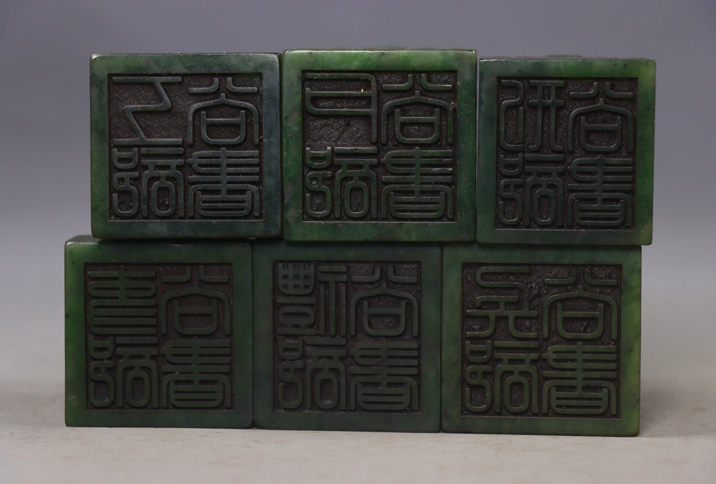 A0850 A Set Vintage Chinese Green Hetian Jade Fortune Dragon Seal & Token w Box