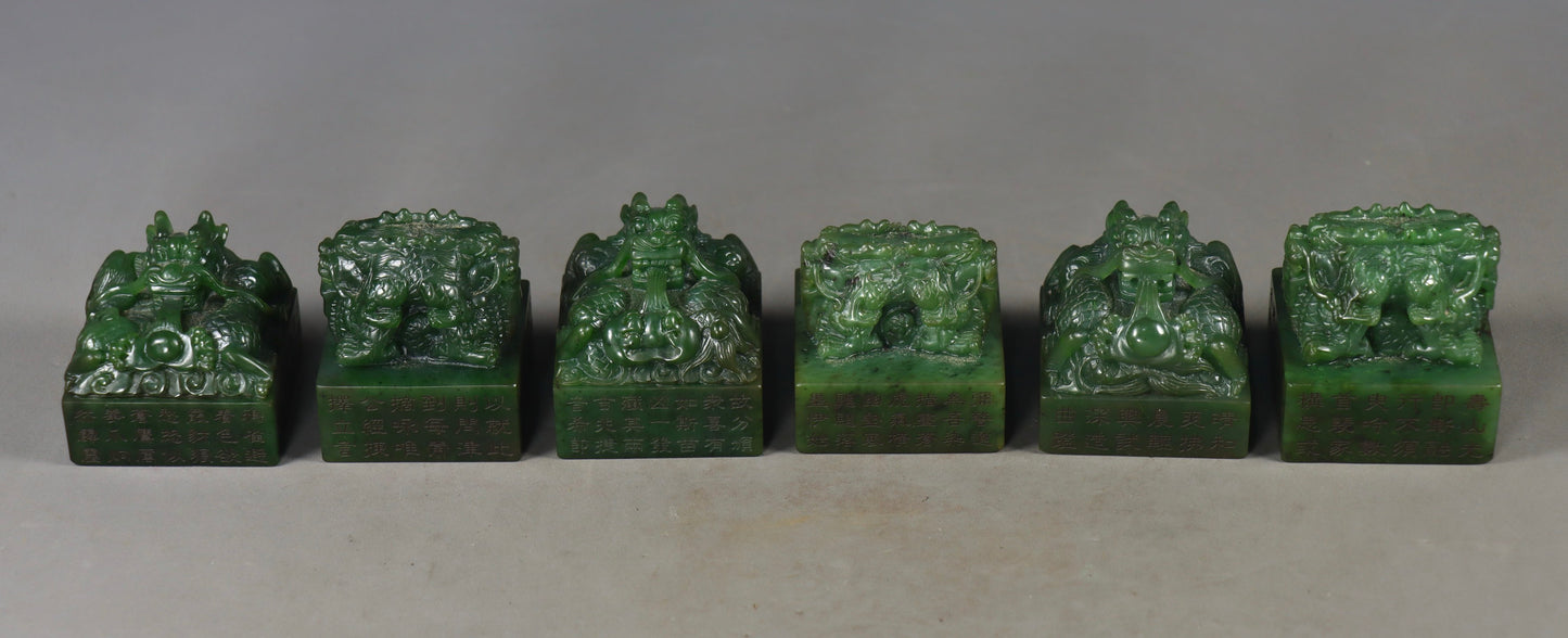 A0850 A Set Vintage Chinese Green Hetian Jade Fortune Dragon Seal & Token w Box