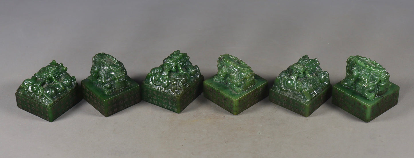 A0850 A Set Vintage Chinese Green Hetian Jade Fortune Dragon Seal & Token w Box