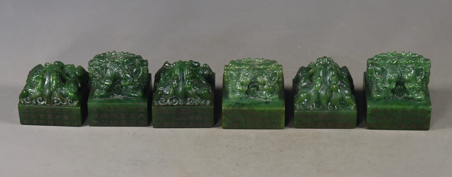 A0850 A Set Vintage Chinese Green Hetian Jade Fortune Dragon Seal & Token w Box