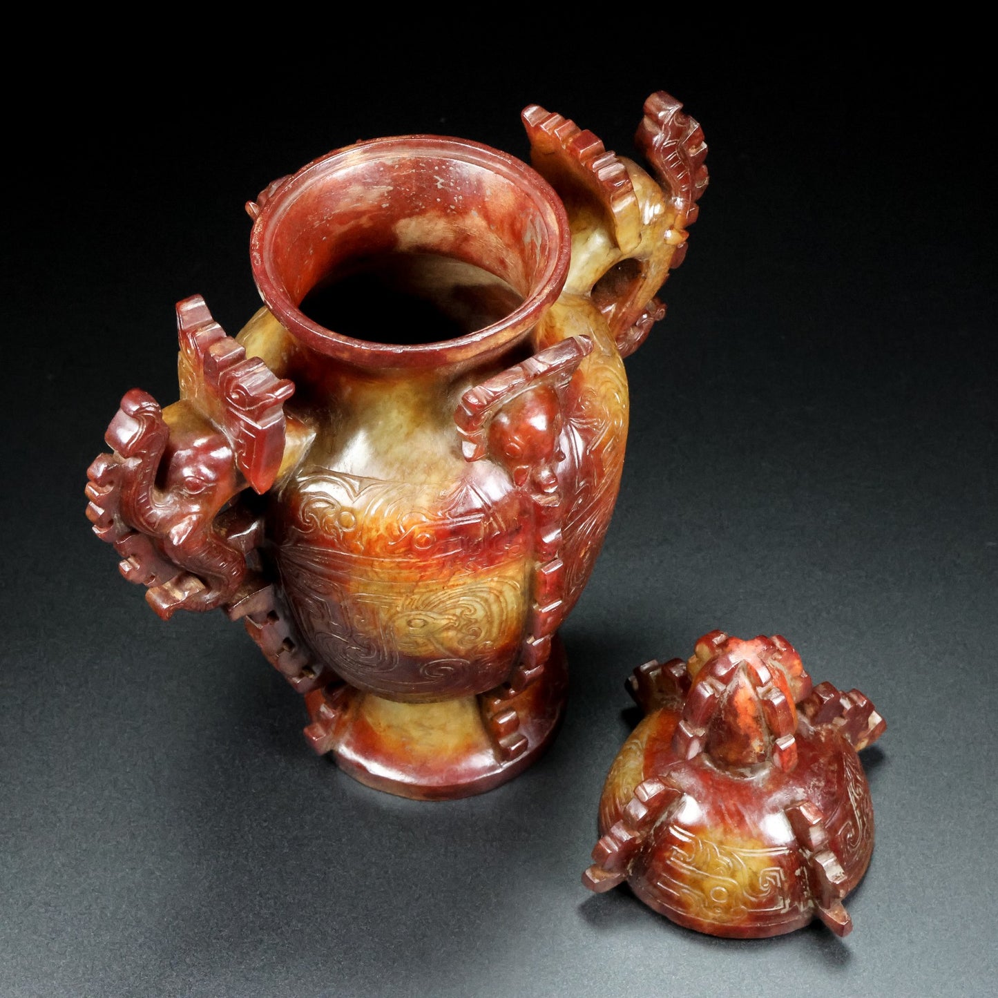 A0852 Superb Vintage Chinese Hetian Jade Carved Fortune Beast Vase w Lid