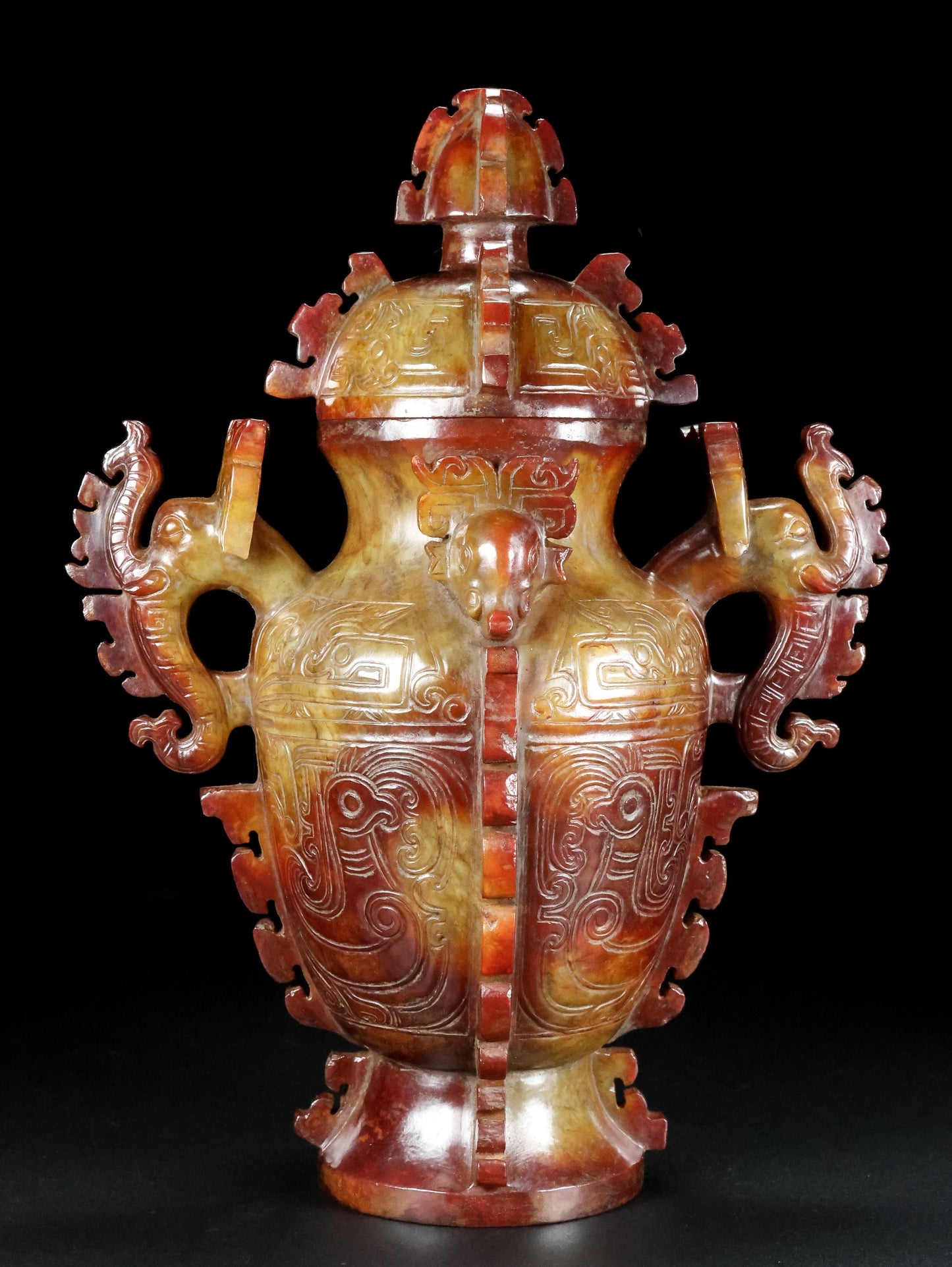 A0852 Superb Vintage Chinese Hetian Jade Carved Fortune Beast Vase w Lid