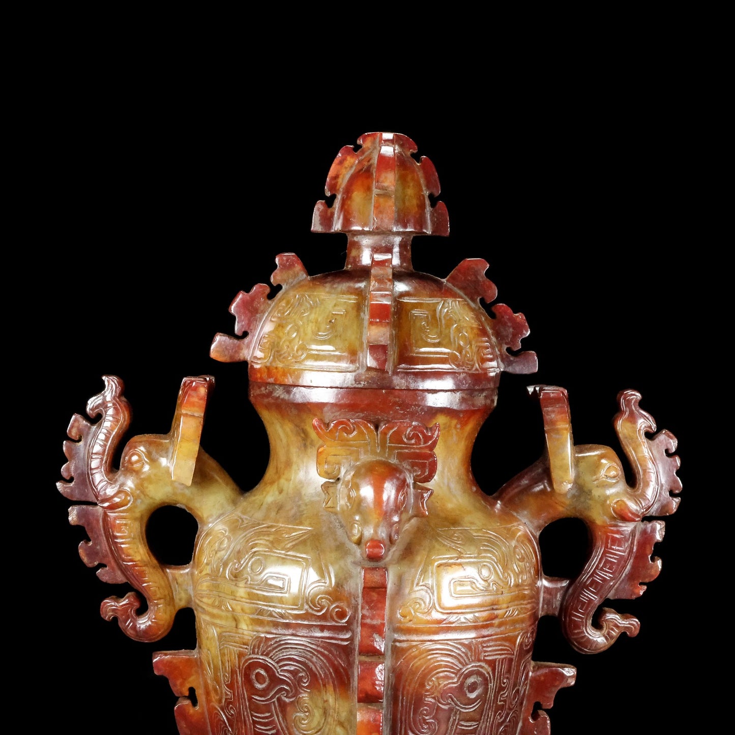 A0852 Superb Vintage Chinese Hetian Jade Carved Fortune Beast Vase w Lid