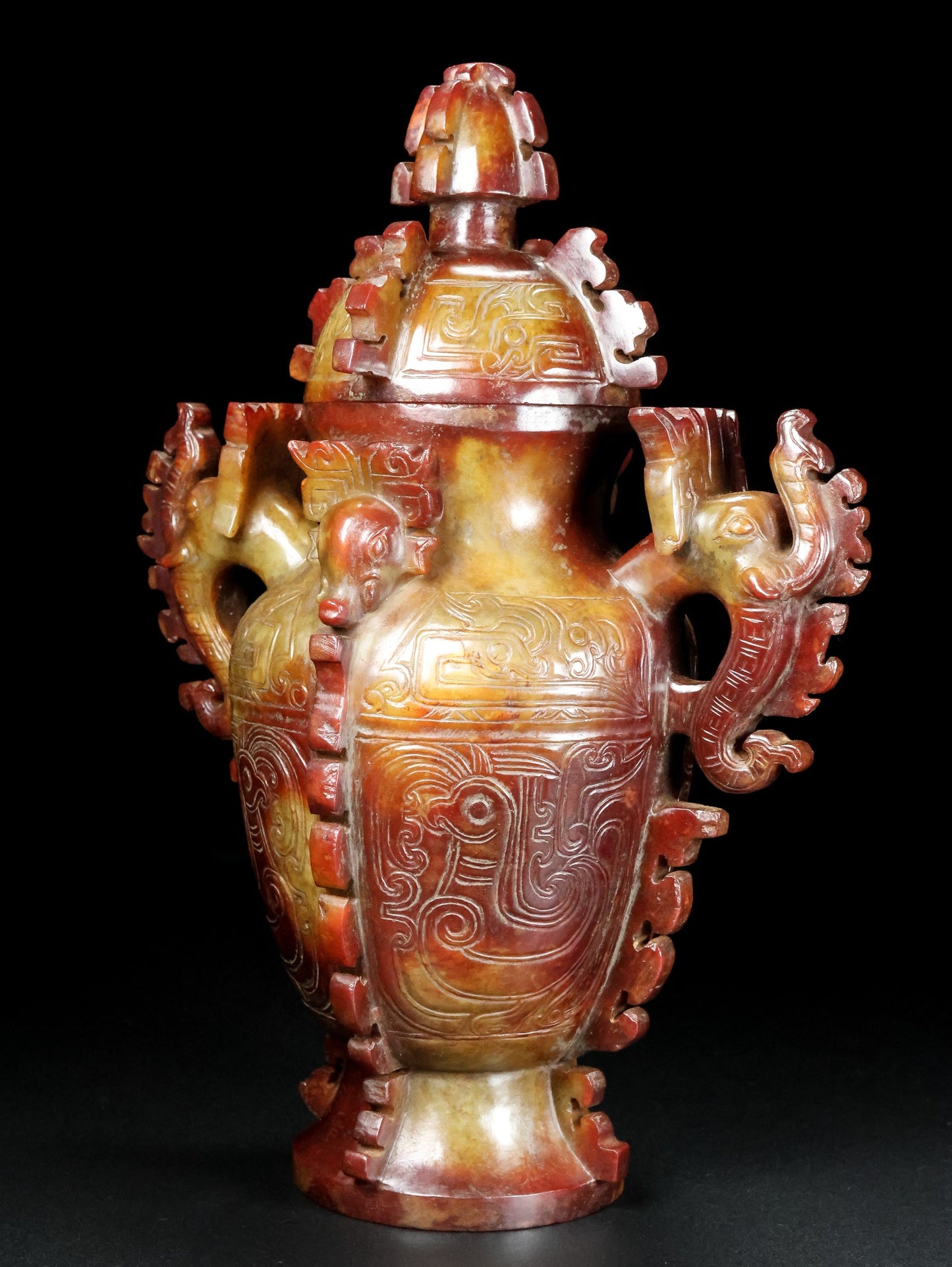 A0852 Superb Vintage Chinese Hetian Jade Carved Fortune Beast Vase w Lid