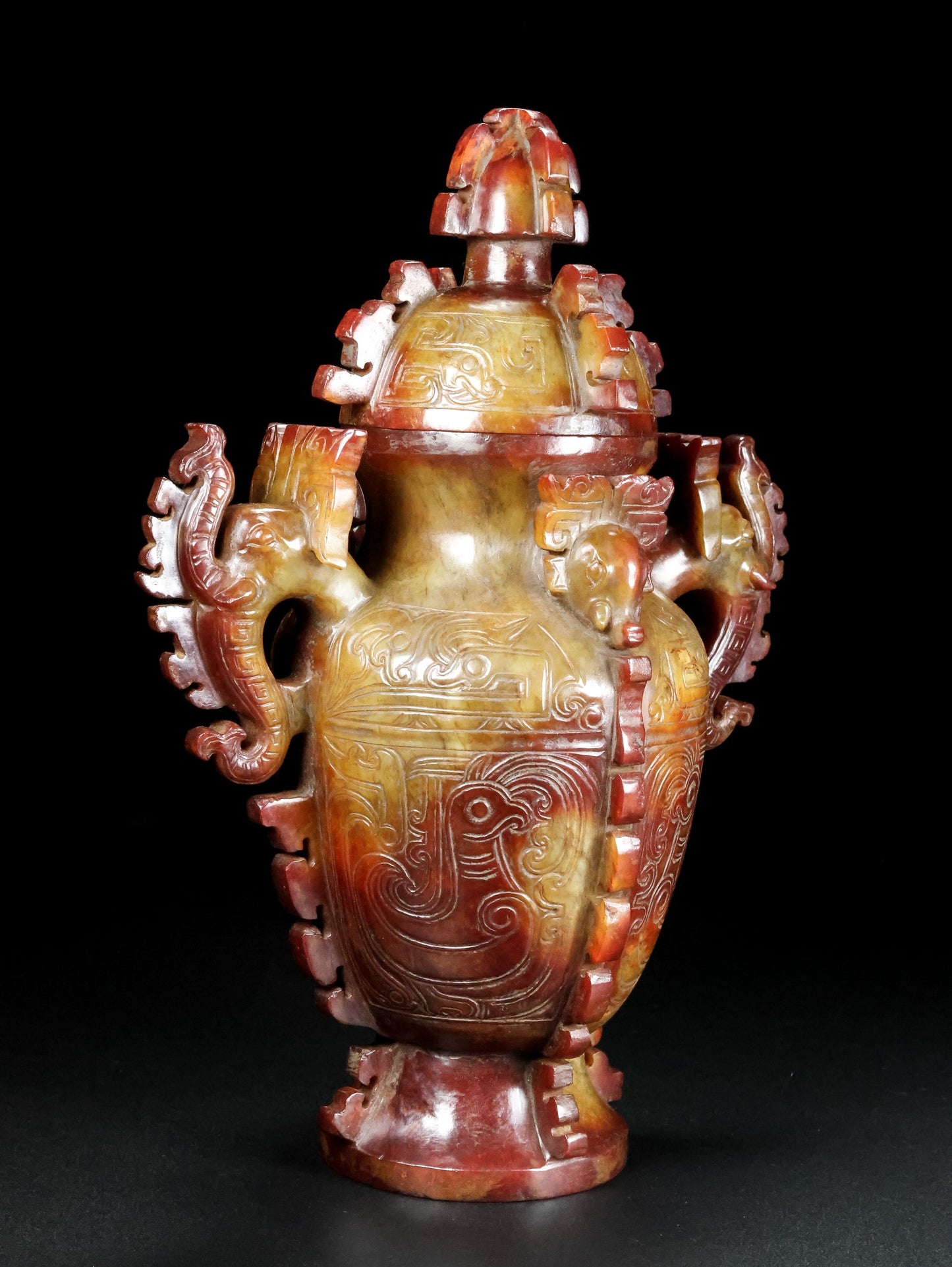 A0852 Superb Vintage Chinese Hetian Jade Carved Fortune Beast Vase w Lid