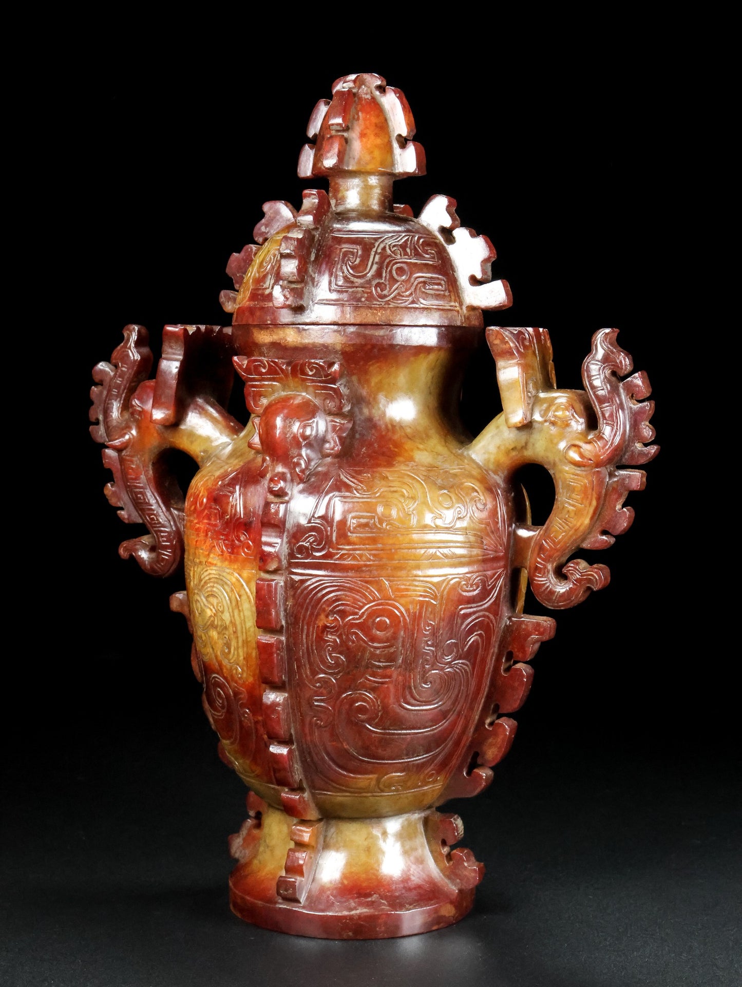 A0852 Superb Vintage Chinese Hetian Jade Carved Fortune Beast Vase w Lid