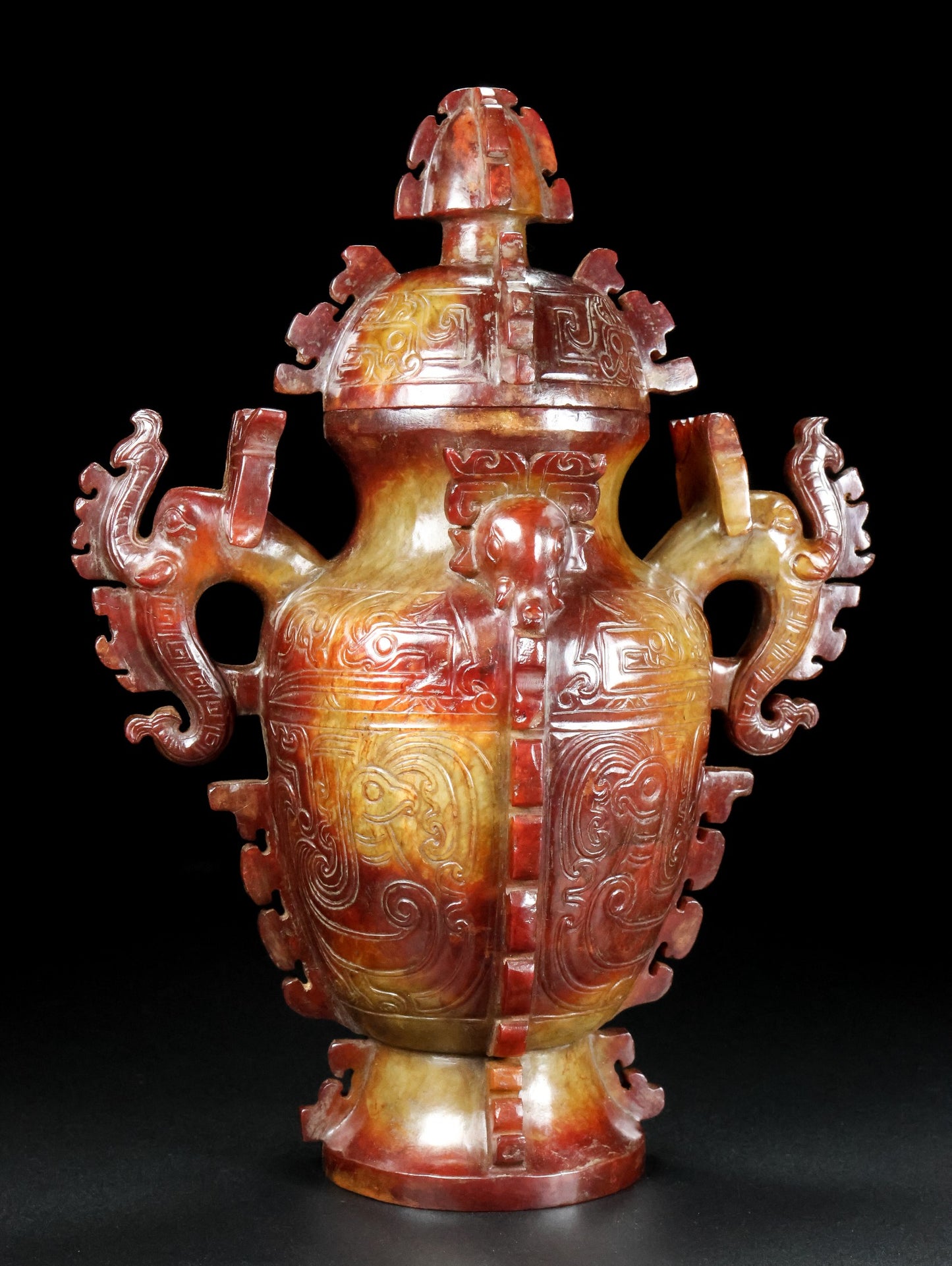 A0852 Superb Vintage Chinese Hetian Jade Carved Fortune Beast Vase w Lid