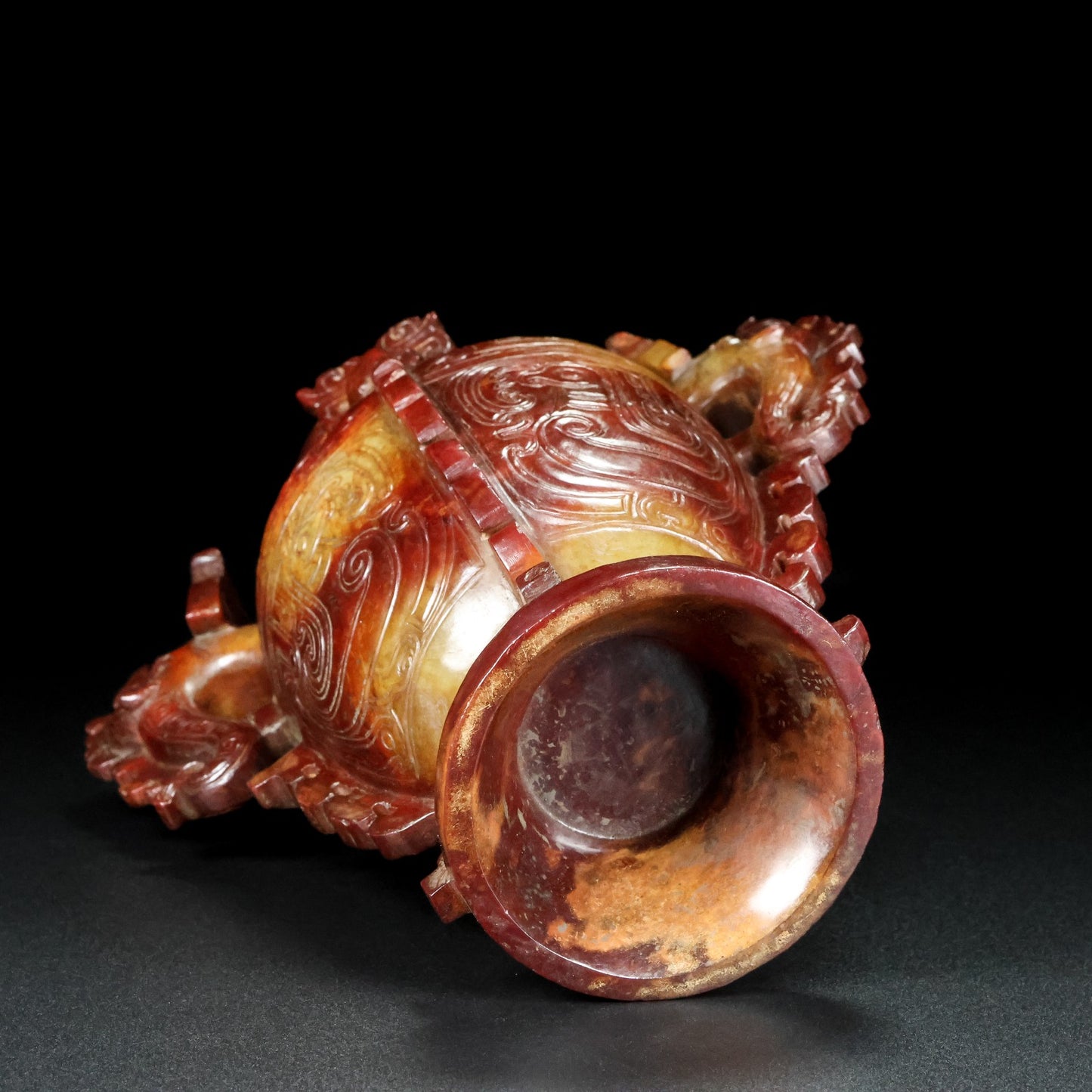 A0852 Superb Vintage Chinese Hetian Jade Carved Fortune Beast Vase w Lid