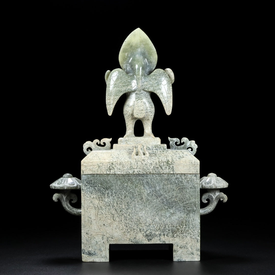 A0856 Superb Vintage Chinese Hetian Jade Carved Divine Bird Suparna Box