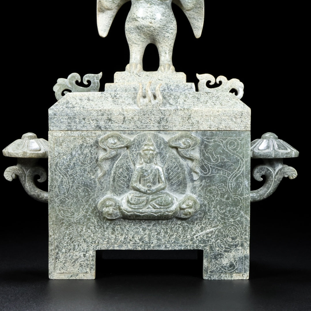 A0856 Superb Vintage Chinese Hetian Jade Carved Divine Bird Suparna Box
