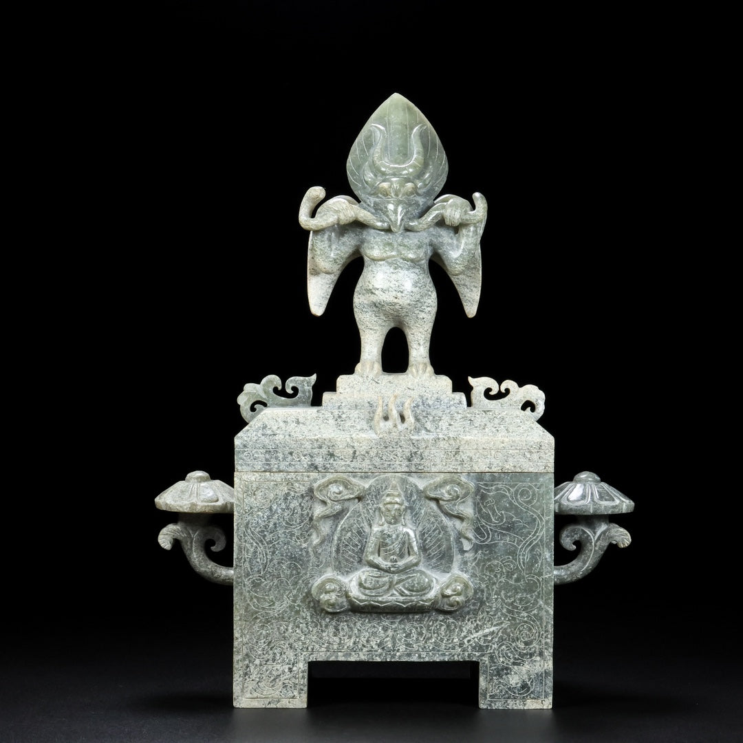 A0856 Superb Vintage Chinese Hetian Jade Carved Divine Bird Suparna Box
