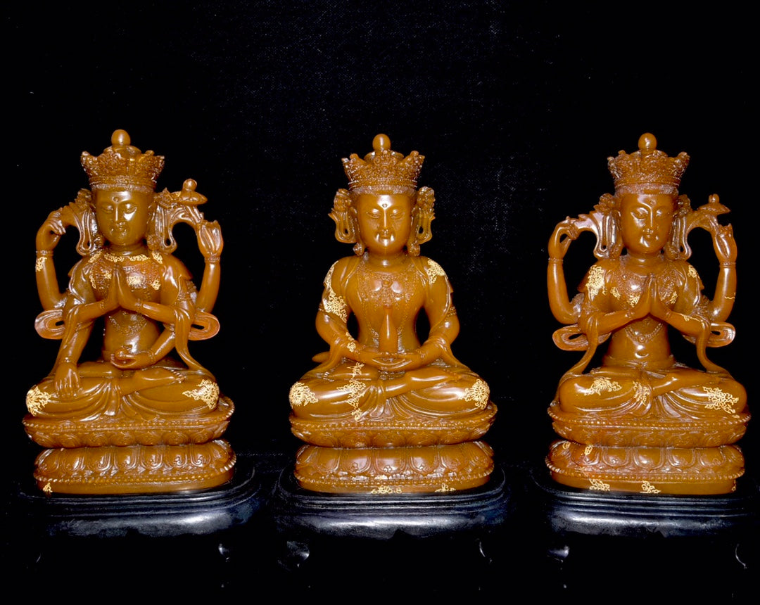 A0865 A Set Three Chinese Shoushan Tianhuang Stone Carved Buddha Statue