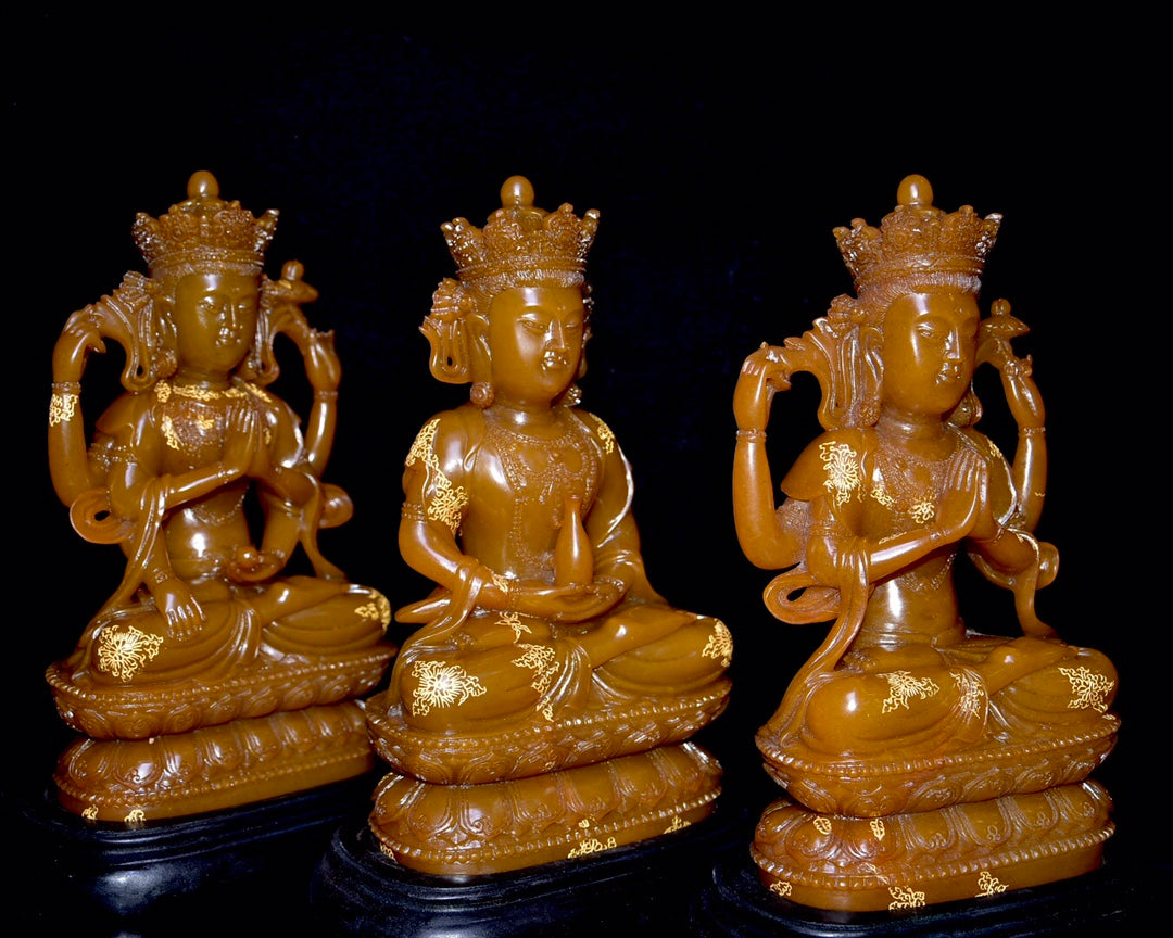 A0865 A Set Three Chinese Shoushan Tianhuang Stone Carved Buddha Statue