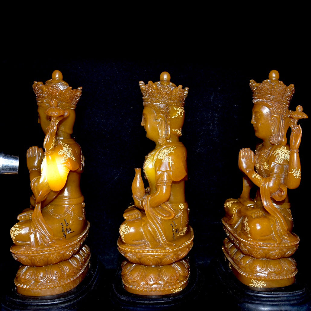 A0865 A Set Three Chinese Shoushan Tianhuang Stone Carved Buddha Statue