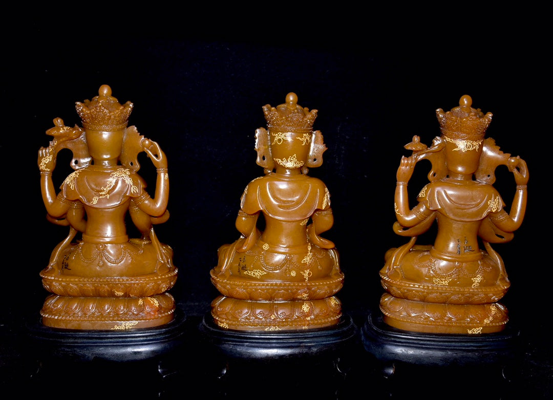 A0865 A Set Three Chinese Shoushan Tianhuang Stone Carved Buddha Statue