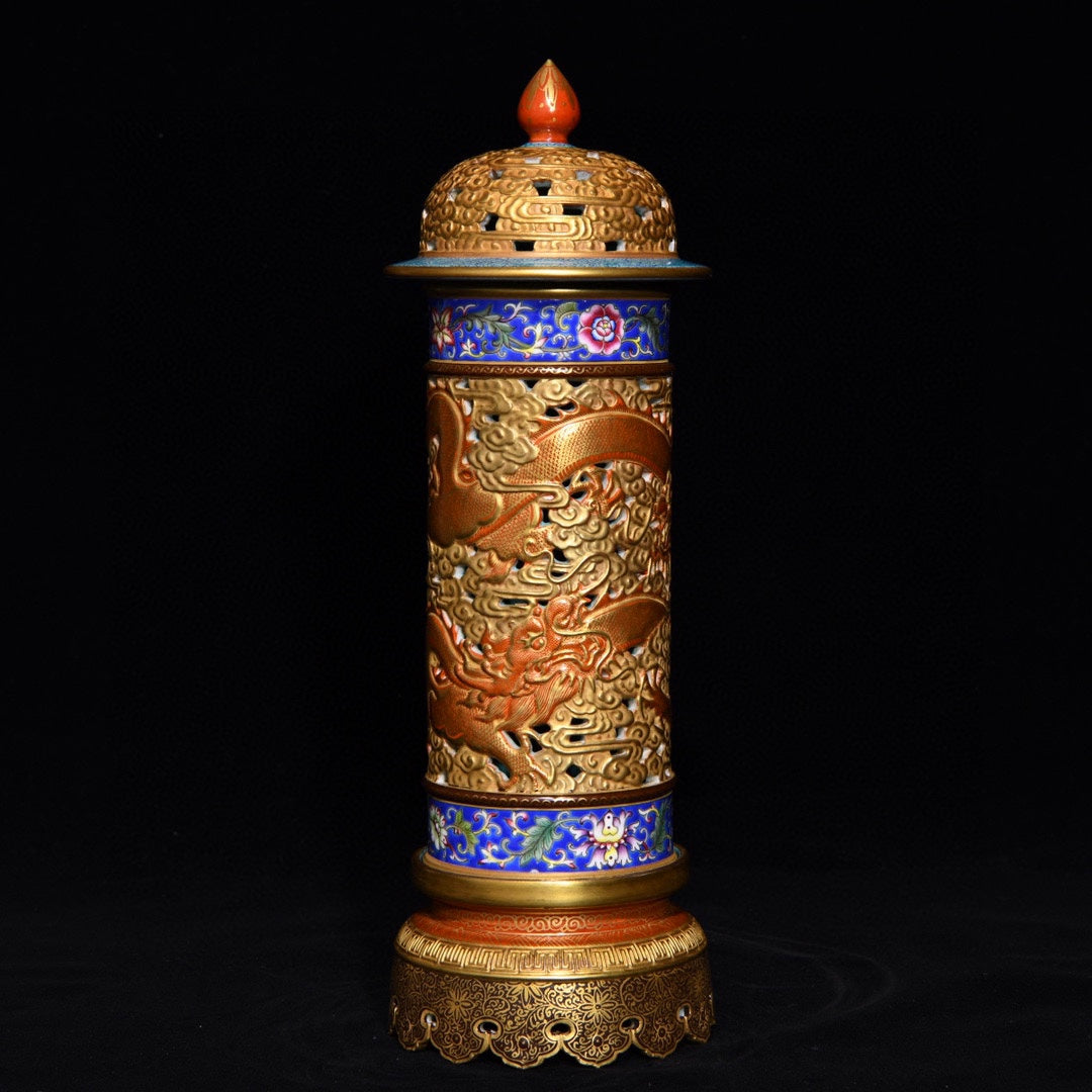A0874 Openwork Chinese Gilt Gold Iron Red Glaze Clouds Dragon Design Incense Burner