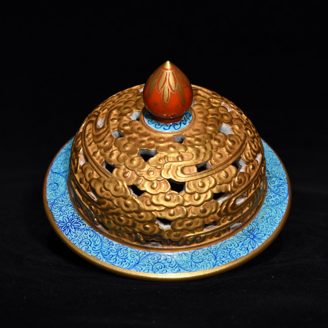 A0874 Openwork Chinese Gilt Gold Iron Red Glaze Clouds Dragon Design Incense Burner