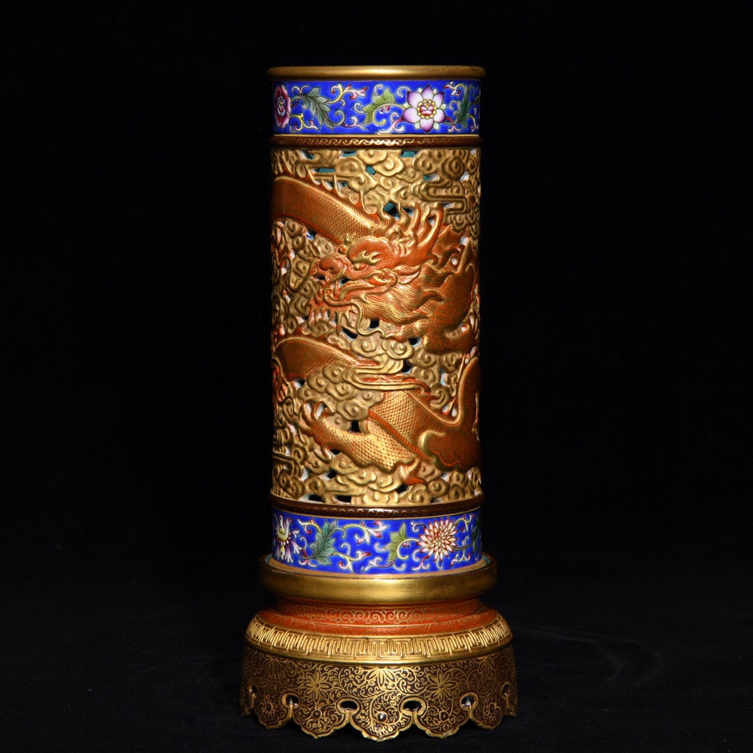A0874 Openwork Chinese Gilt Gold Iron Red Glaze Clouds Dragon Design Incense Burner