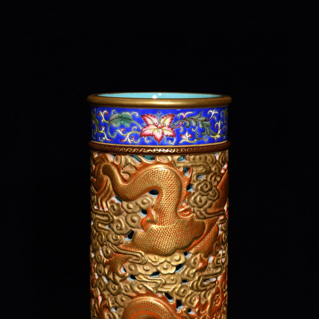 A0874 Openwork Chinese Gilt Gold Iron Red Glaze Clouds Dragon Design Incense Burner