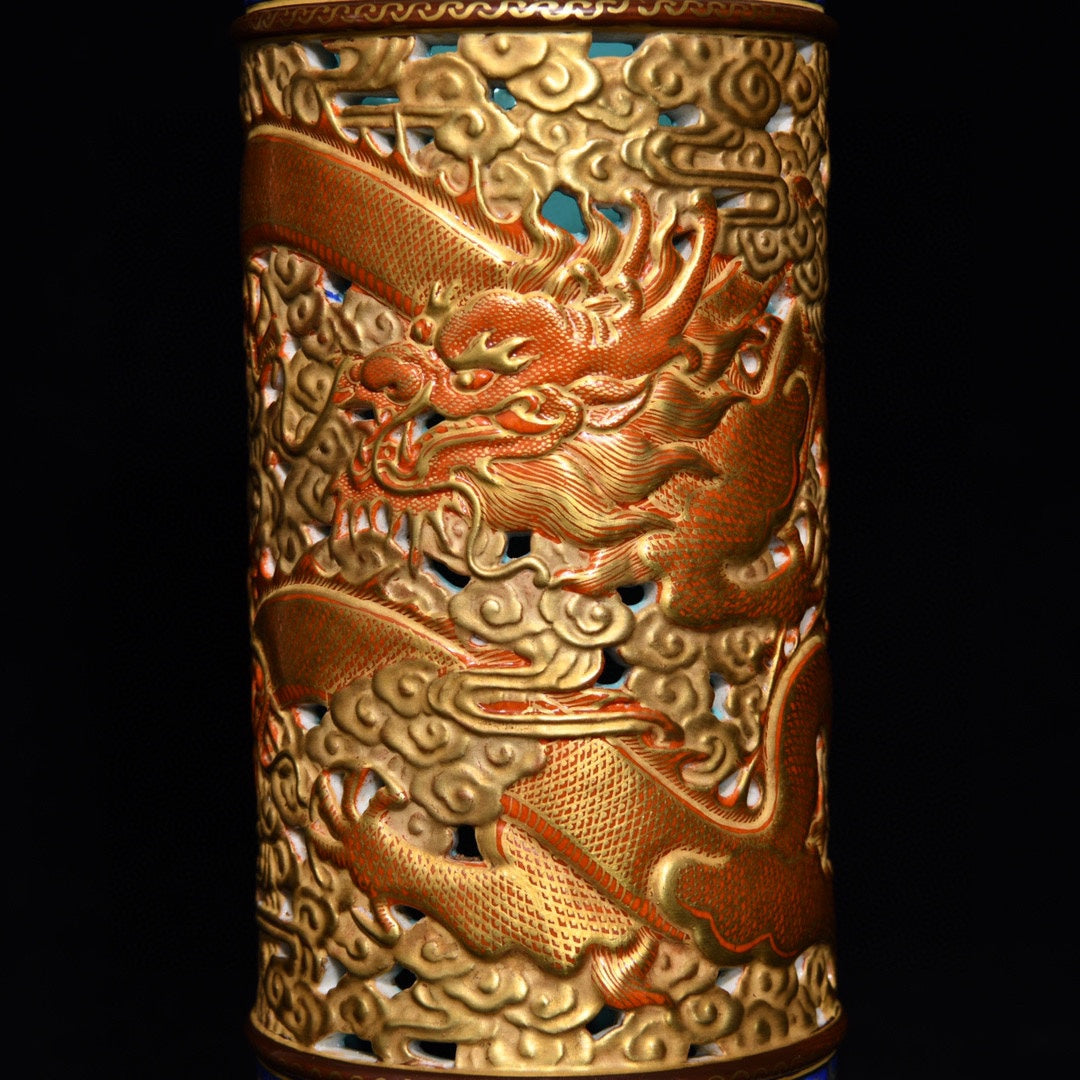 A0874 Openwork Chinese Gilt Gold Iron Red Glaze Clouds Dragon Design Incense Burner