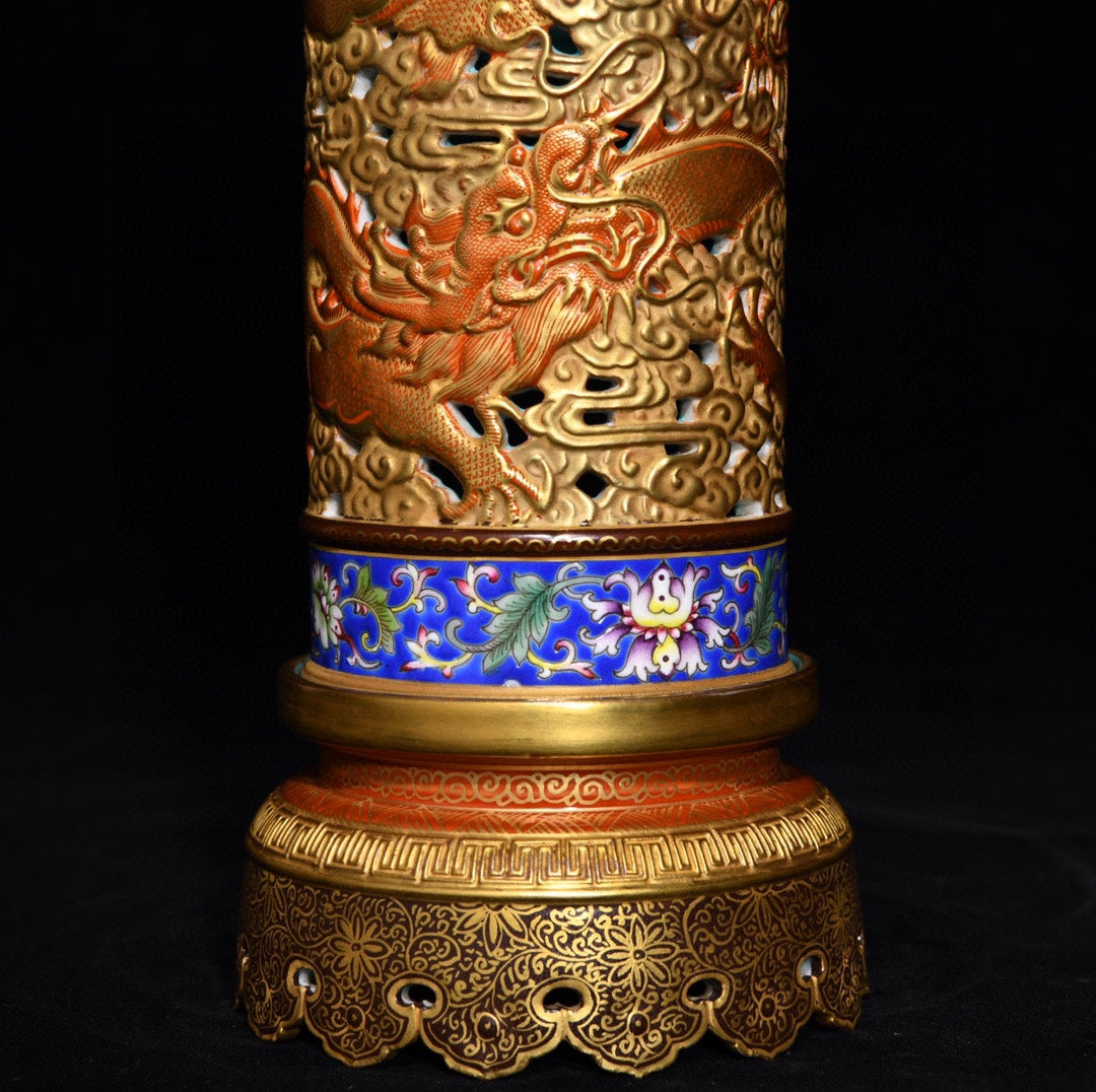 A0874 Openwork Chinese Gilt Gold Iron Red Glaze Clouds Dragon Design Incense Burner