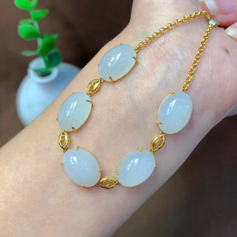 A0875 Exquisite 18K Gold Inlay White Hetian Jade Beads Bracelet