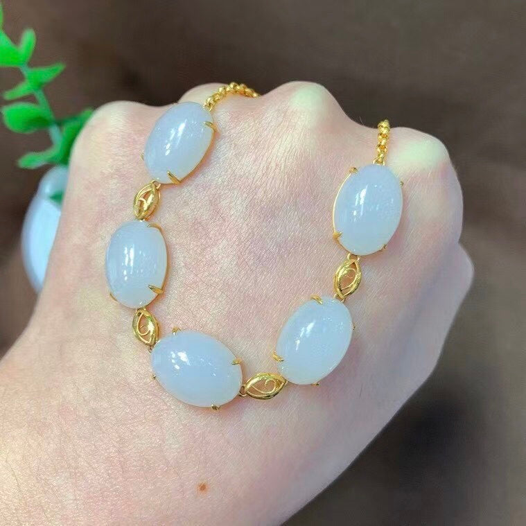 A0875 Exquisite 18K Gold Inlay White Hetian Jade Beads Bracelet