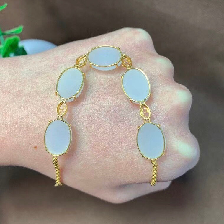 A0875 Exquisite 18K Gold Inlay White Hetian Jade Beads Bracelet