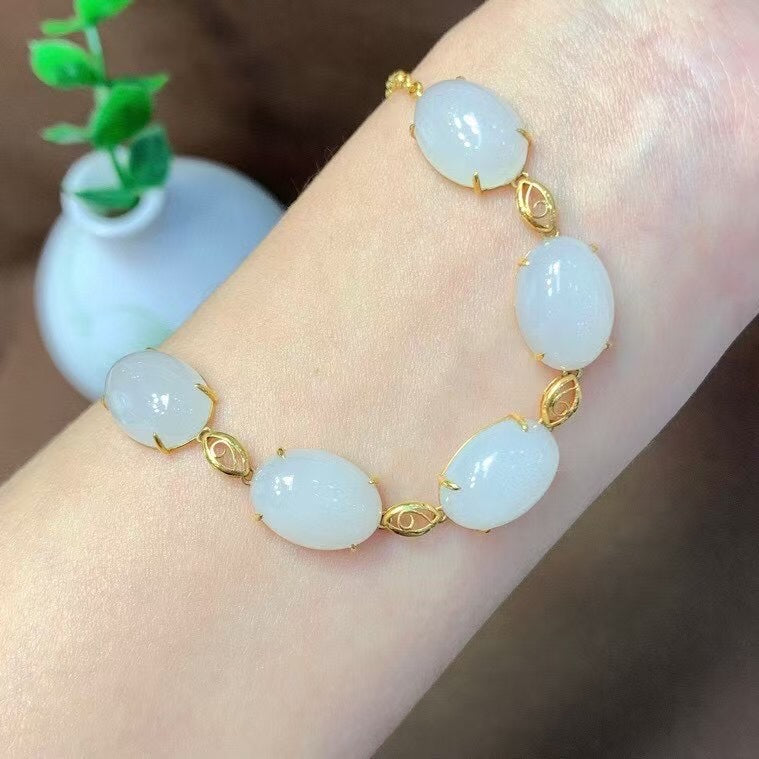 A0875 Exquisite 18K Gold Inlay White Hetian Jade Beads Bracelet