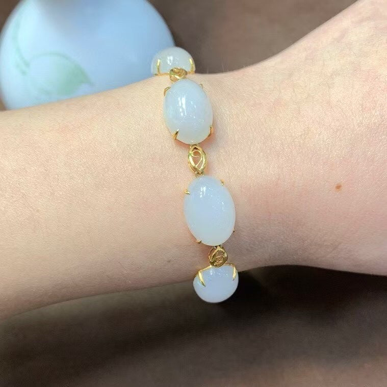 A0875 Exquisite 18K Gold Inlay White Hetian Jade Beads Bracelet