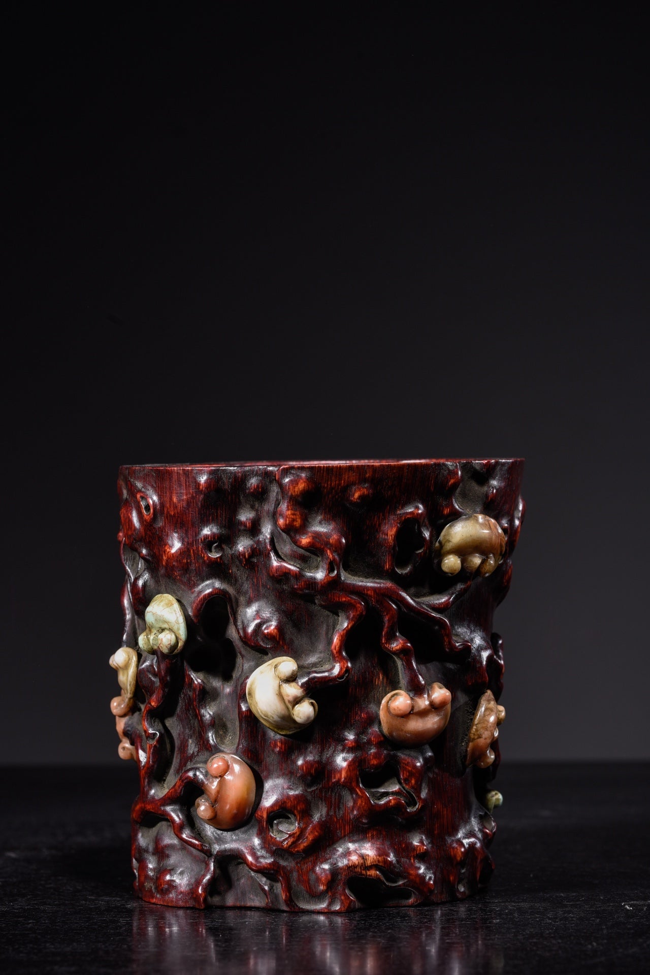 A0881 Vintage Chinese Bamboo Inlay Shoushan Stone Ruyi Brush Pot