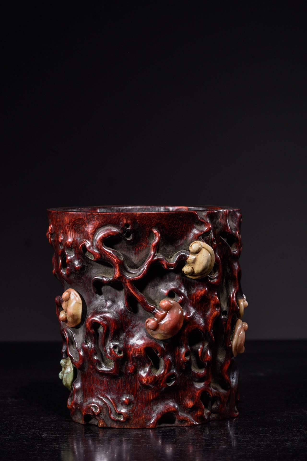 A0881 Vintage Chinese Bamboo Inlay Shoushan Stone Ruyi Brush Pot