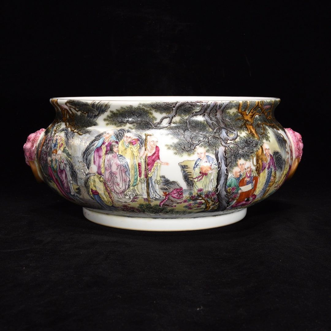 A0882 Chinese Qing Dynasty Famille Rose Arhat Design Porcelain Brush Washer