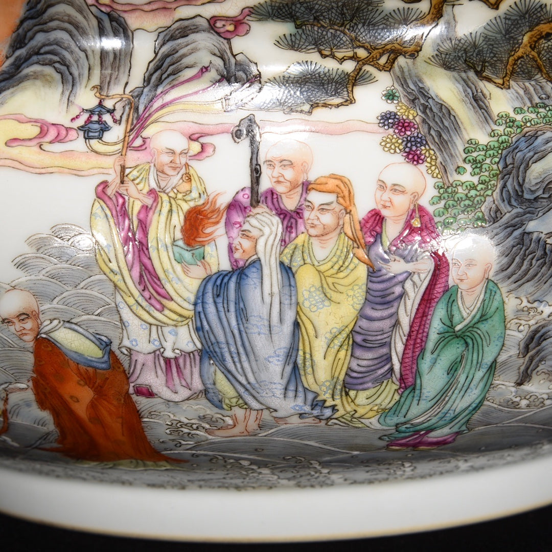 A0882 Chinese Qing Dynasty Famille Rose Arhat Design Porcelain Brush Washer