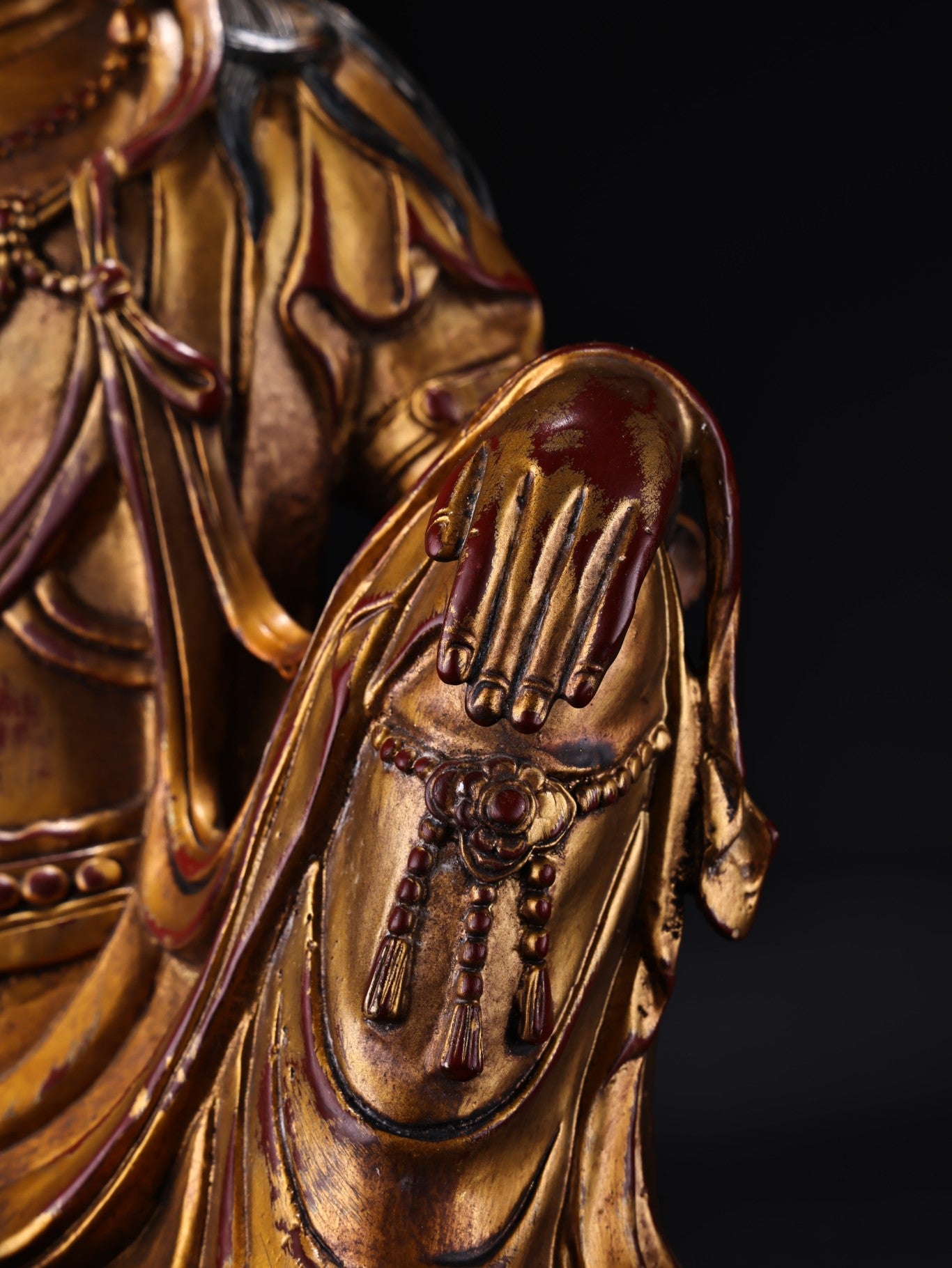A0883 Vintage Chinese Gilt Gold Bronze Inlay Gem Kwan-yin Statue