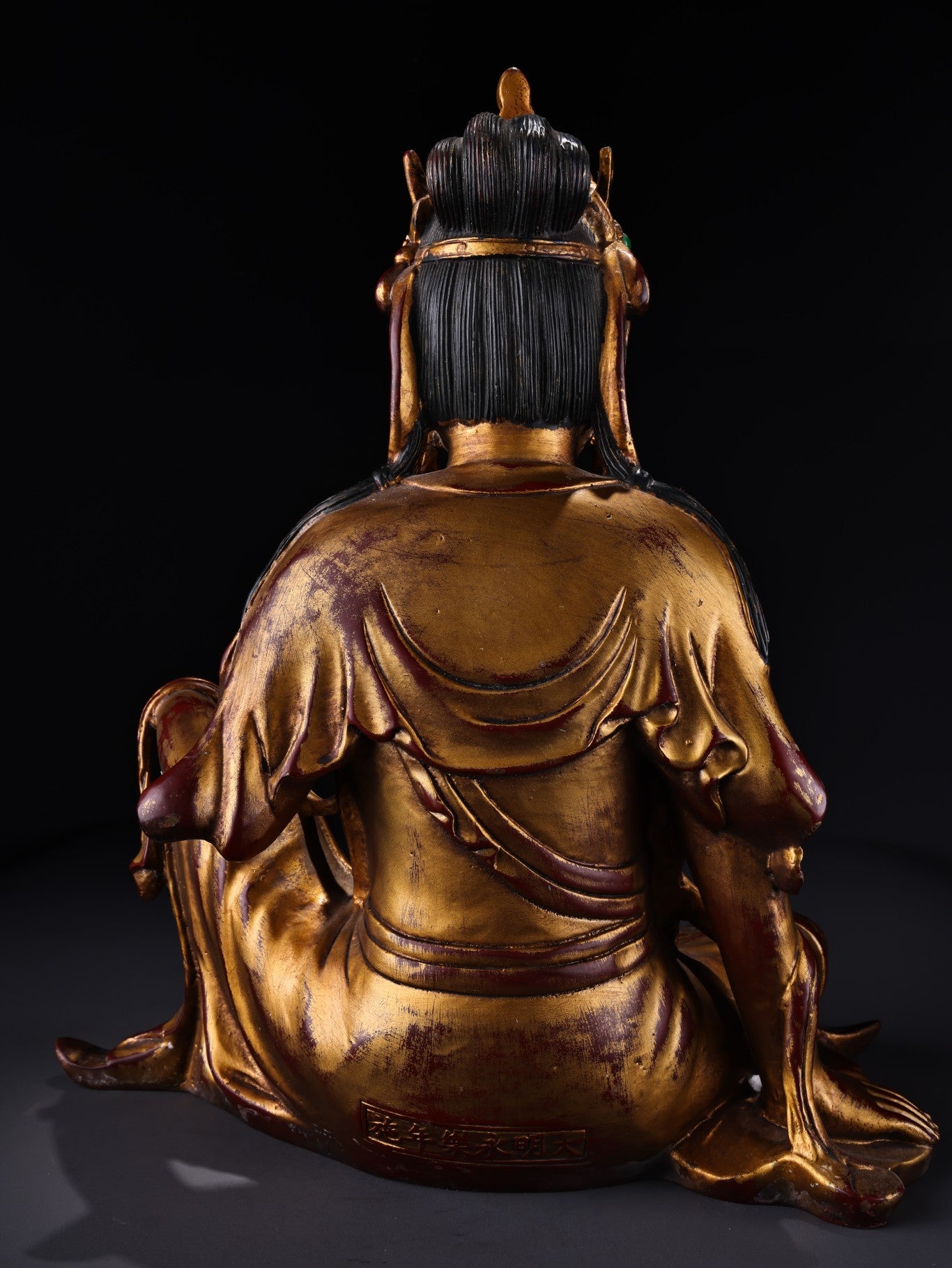 A0883 Vintage Chinese Gilt Gold Bronze Inlay Gem Kwan-yin Statue