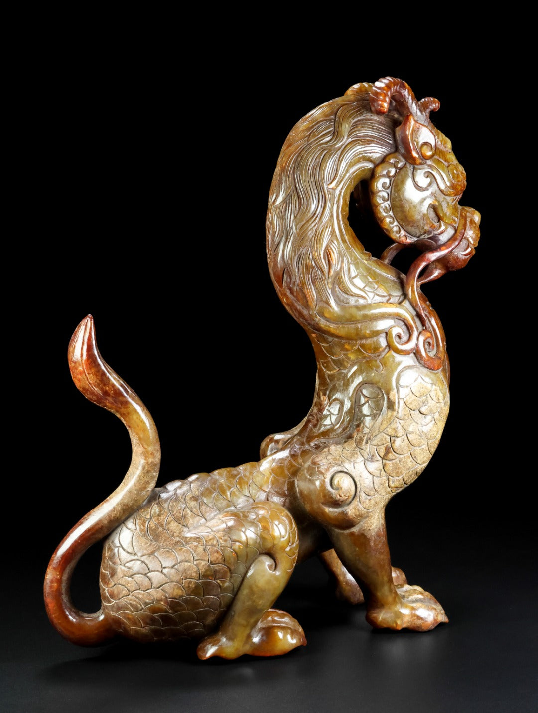 A0885 Superb Old Chinese Hetian Jade Carved Fortune Kylin Statue