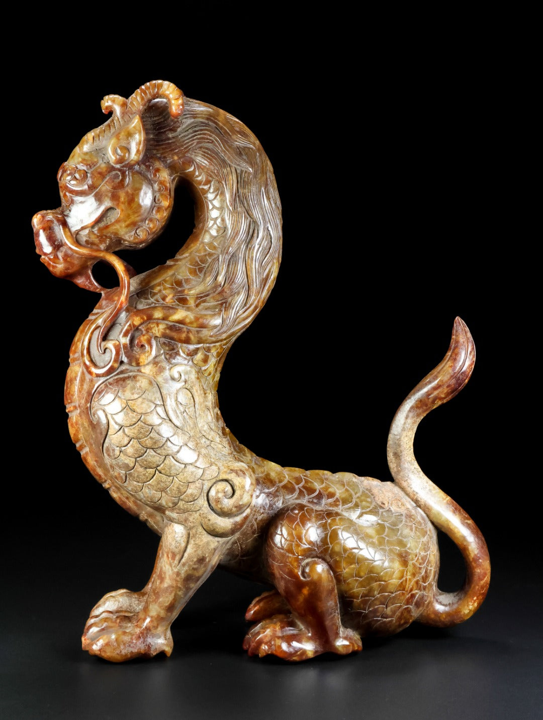 A0885 Superb Old Chinese Hetian Jade Carved Fortune Kylin Statue
