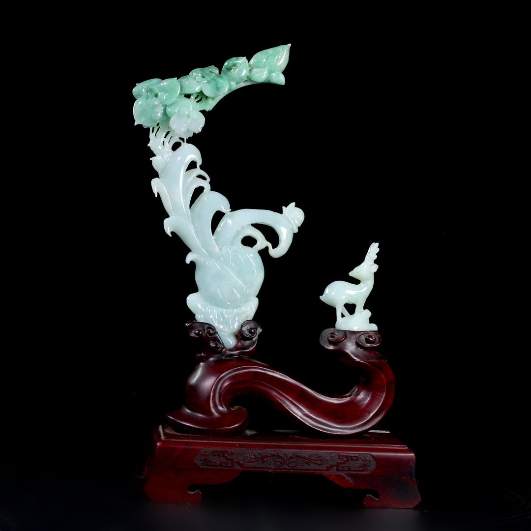 A0893 Superb Jadeite Carved Fortune Deer & Flower Statue