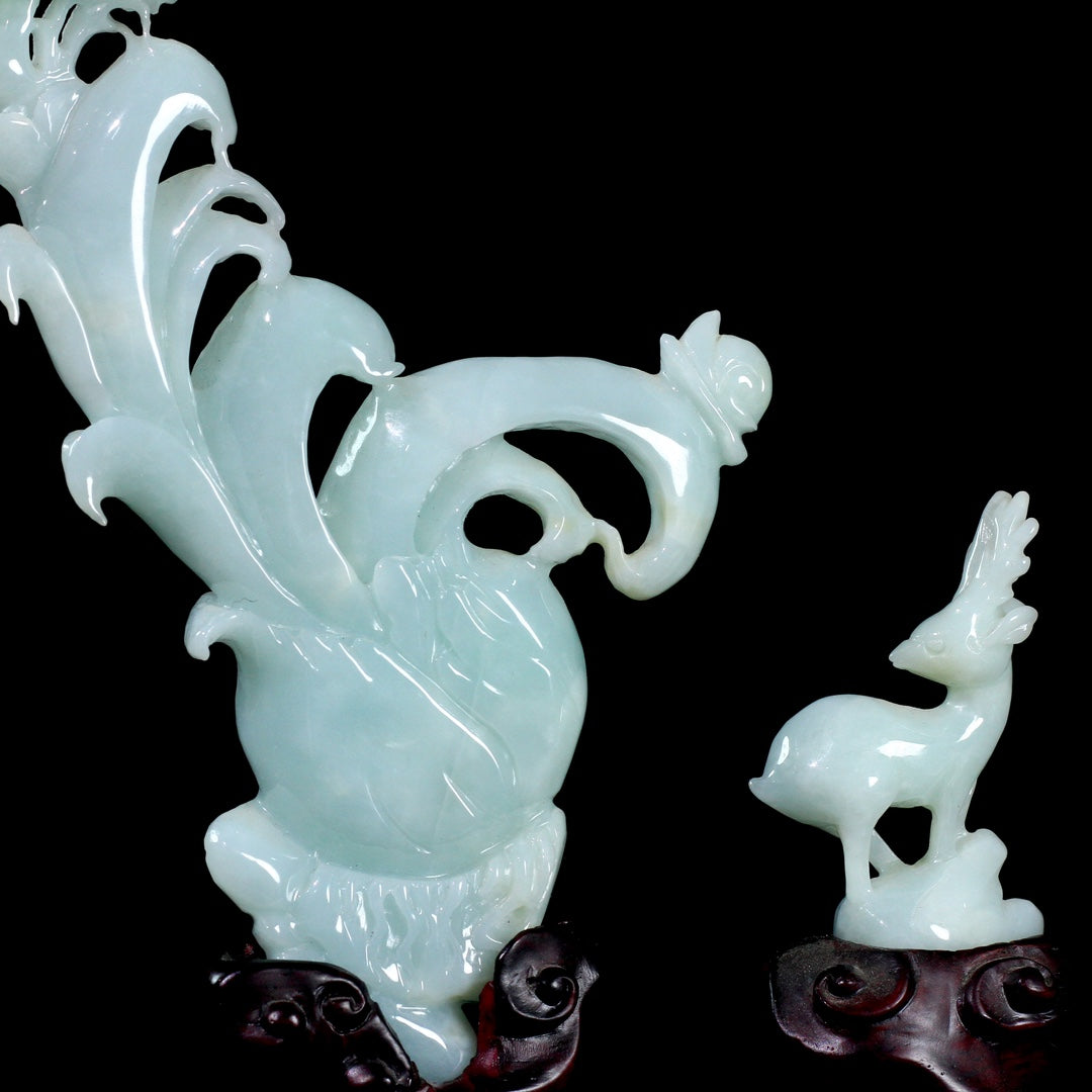 A0893 Superb Jadeite Carved Fortune Deer & Flower Statue