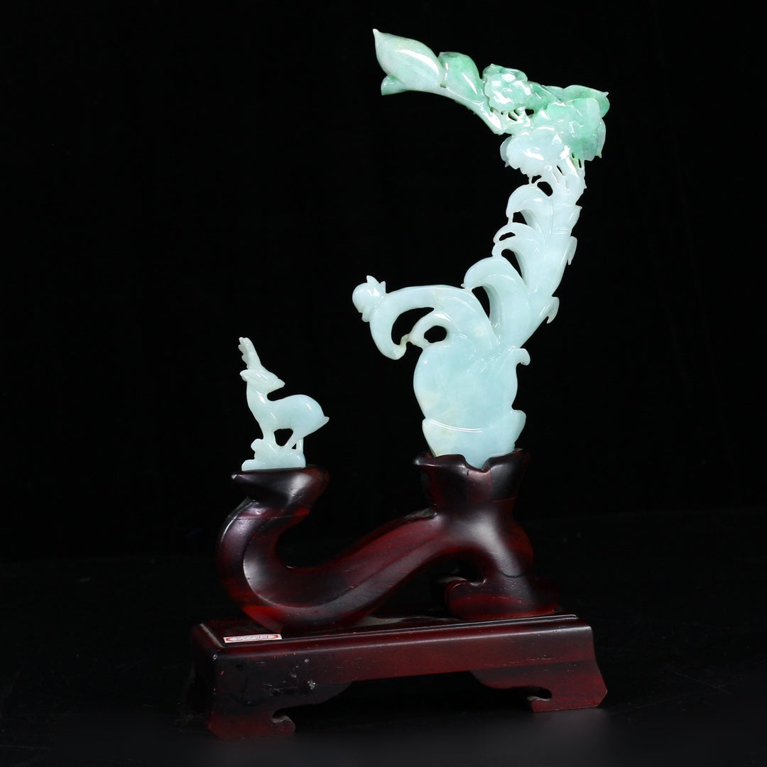 A0893 Superb Jadeite Carved Fortune Deer & Flower Statue