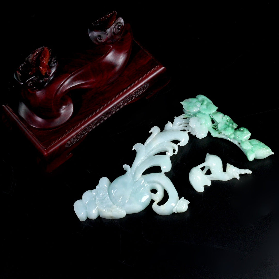 A0893 Superb Jadeite Carved Fortune Deer & Flower Statue