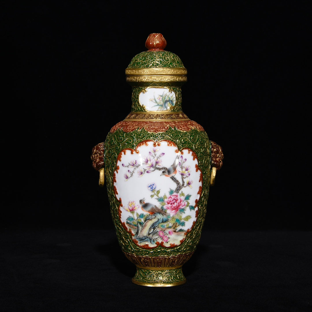 A0894 Chinese Qing Dynasty Gilt Gold Famille Rose Enamel Flowers Bird Design Porcelain Pot