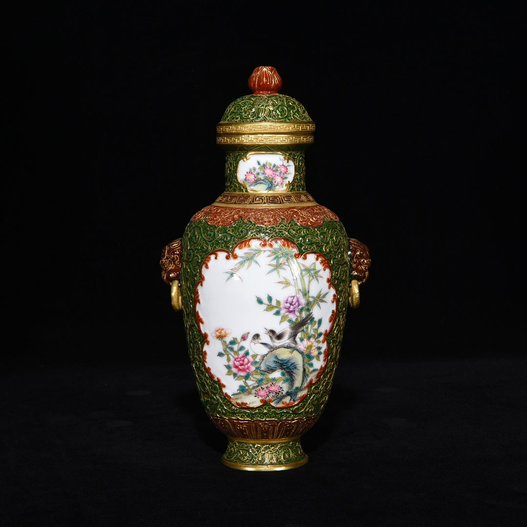 A0894 Chinese Qing Dynasty Gilt Gold Famille Rose Enamel Flowers Bird Design Porcelain Pot