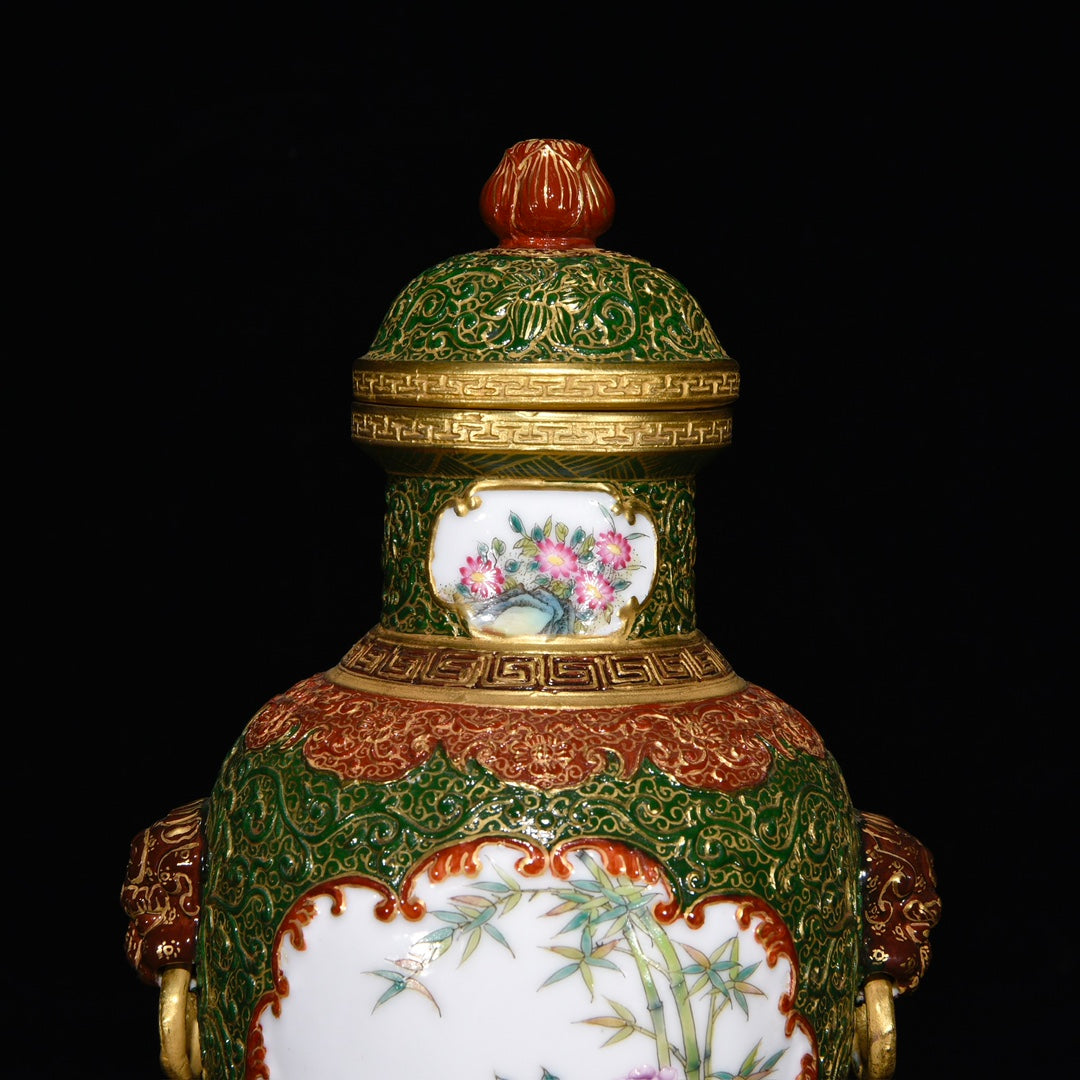 A0894 Chinese Qing Dynasty Gilt Gold Famille Rose Enamel Flowers Bird Design Porcelain Pot