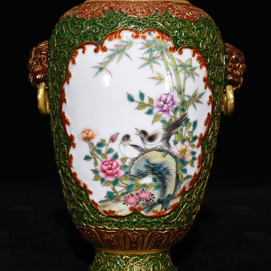 A0894 Chinese Qing Dynasty Gilt Gold Famille Rose Enamel Flowers Bird Design Porcelain Pot