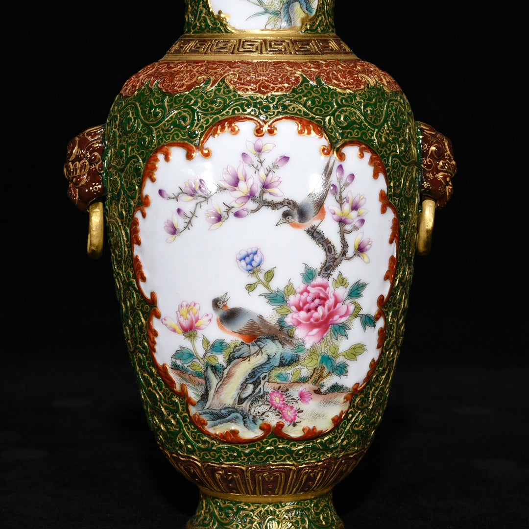 A0894 Chinese Qing Dynasty Gilt Gold Famille Rose Enamel Flowers Bird Design Porcelain Pot